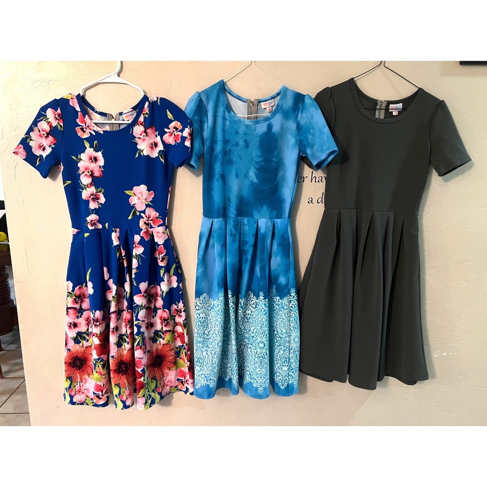 LuLaRoe Nicole Dress Bundle XS Floral Tie Dye Gray Set Skater Pockets Fit Flare